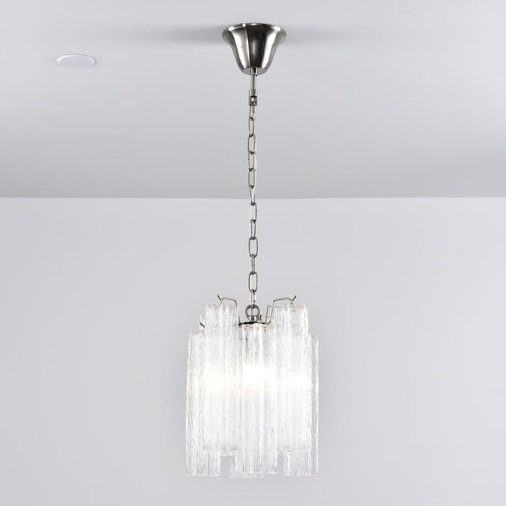 Murano Tubes Glass Chandelier with clear glass hanging from a white ceiling, soft light view