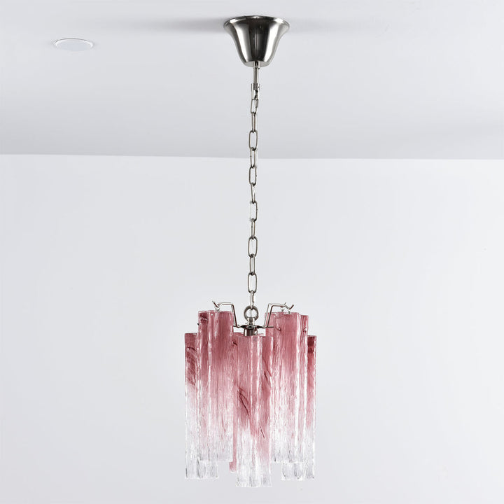 Murano Tubes Glass Chandelier with pink gradient glass hanging from a white ceiling, corner view