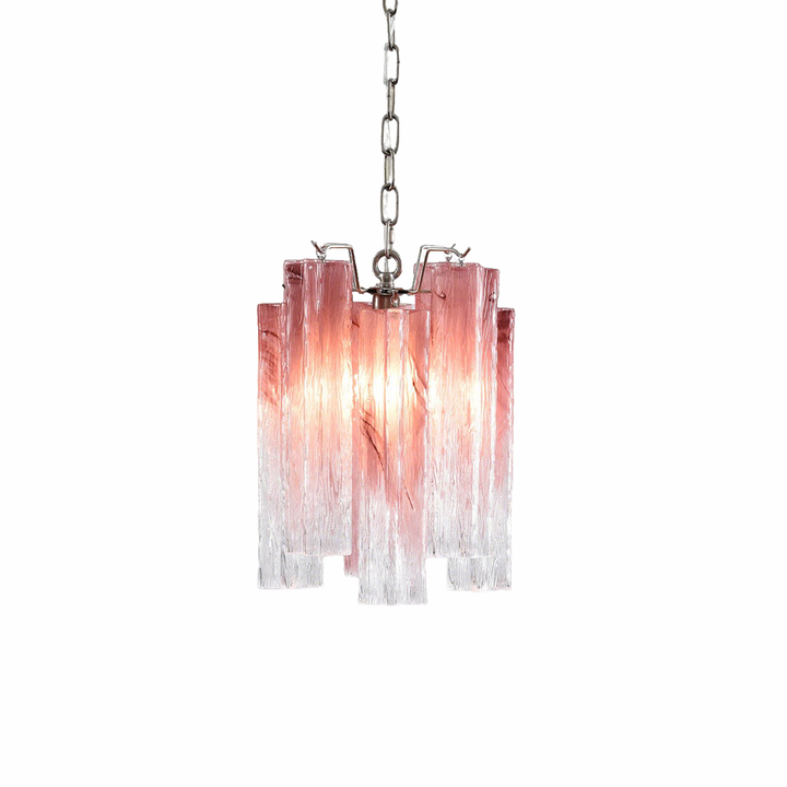 Murano Tubes Glass Chandelier with pink gradient glass and silver chain, on white background