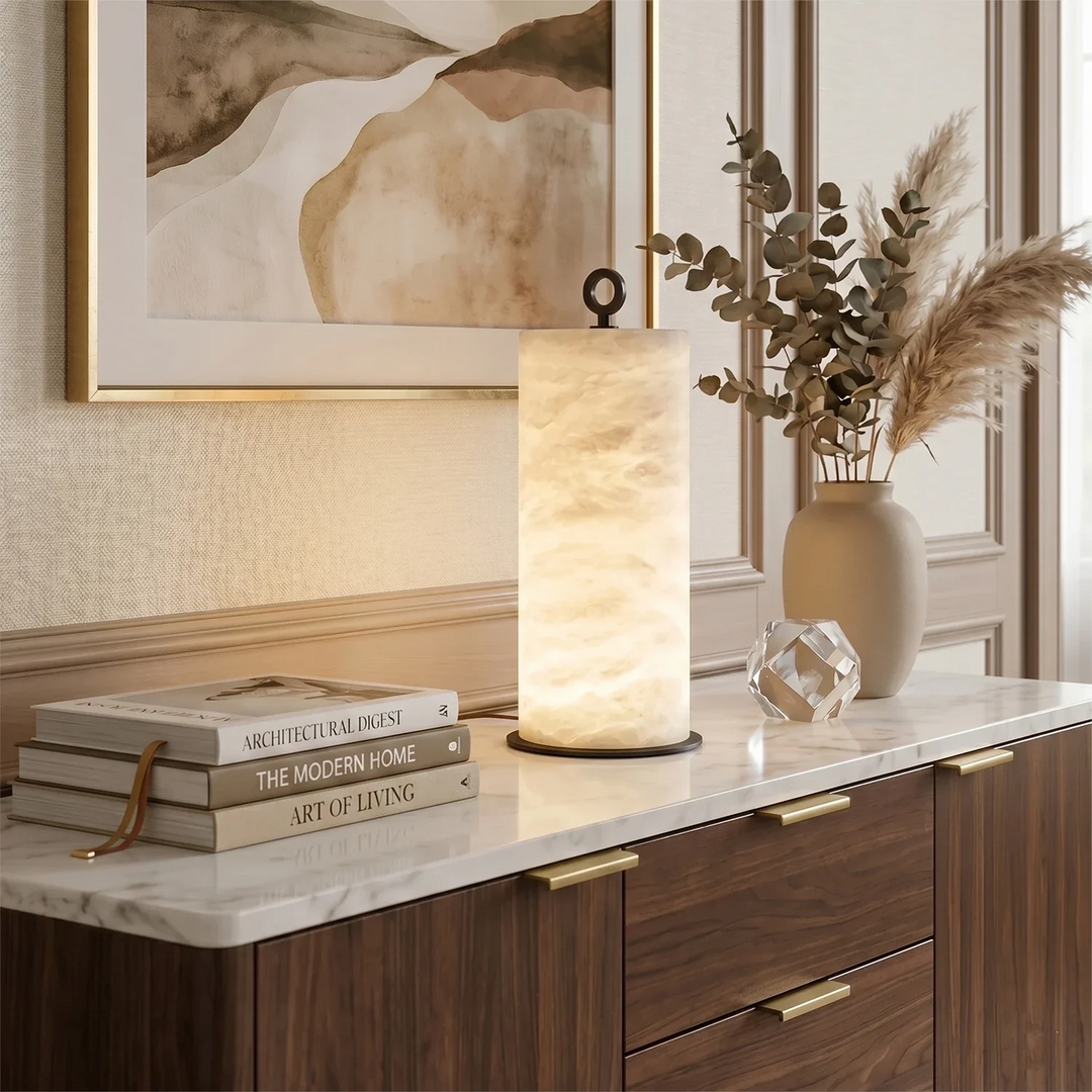 Natural Alabaster Cylinder Table Lamp - view 6 | Woorglamp