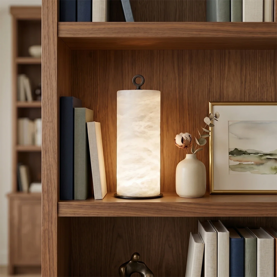 Natural Alabaster Cylinder Table Lamp - view 7 | Woorglamp