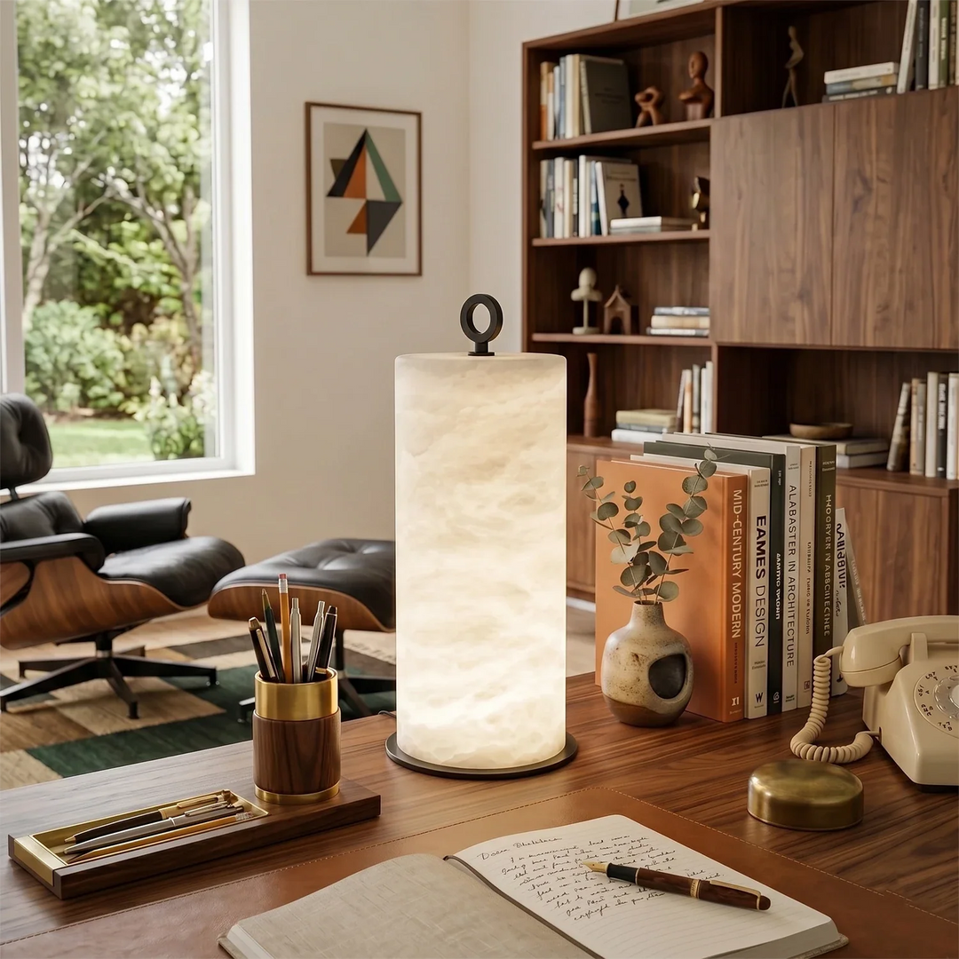 Natural Alabaster Cylinder Table Lamp - view 8 | Woorglamp