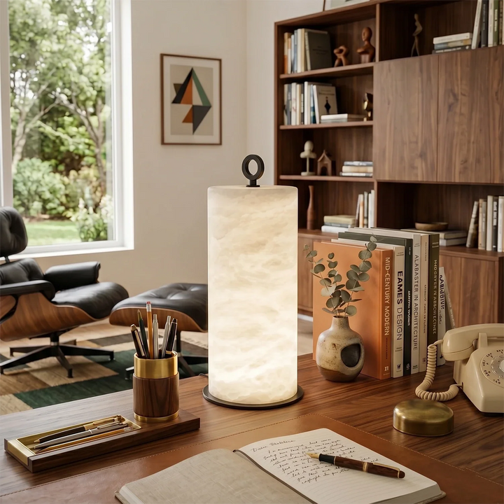 Natural Alabaster Cylinder Table Lamp - view 8 | Woorglamp