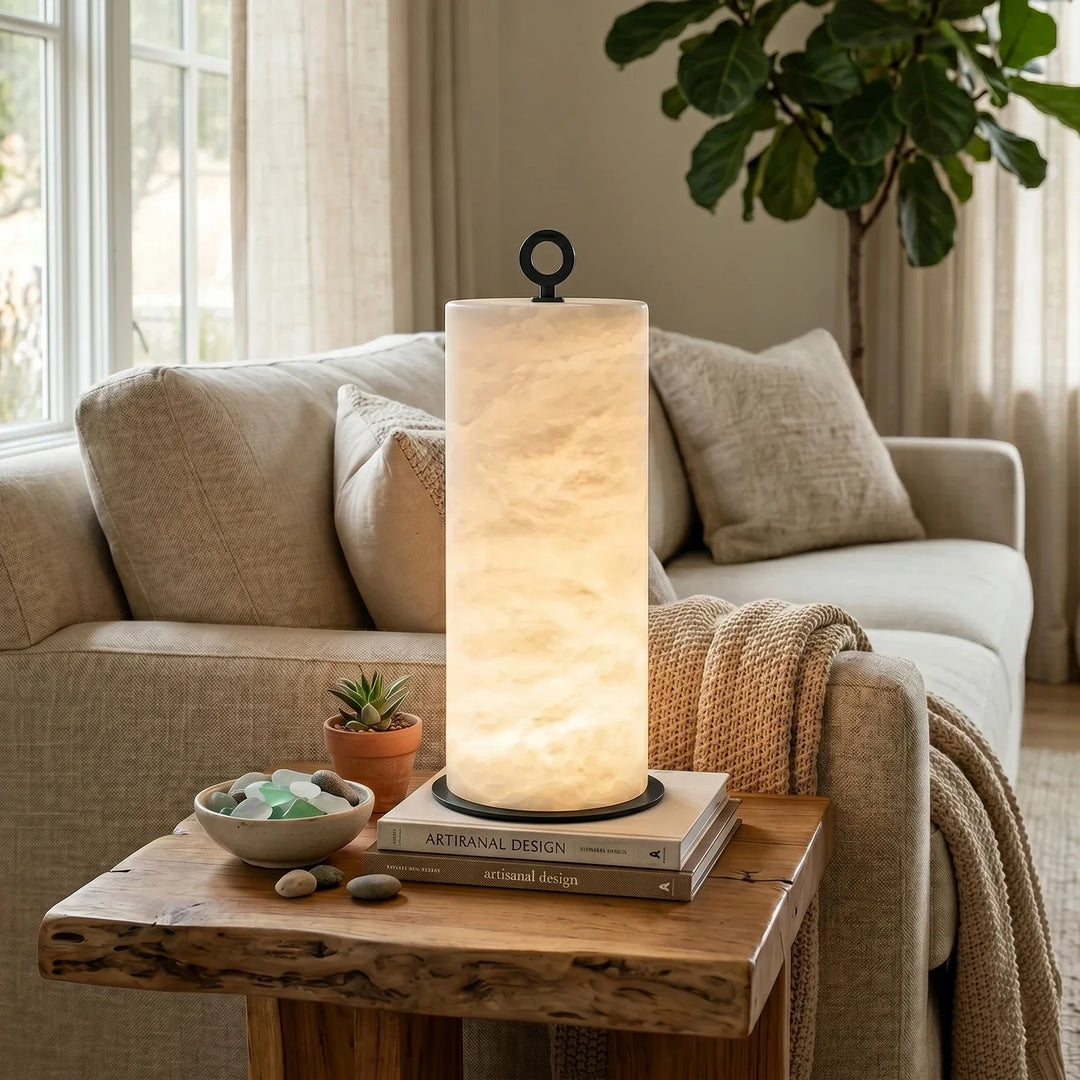 Natural Alabaster Cylinder Table Lamp - view 2 | Woorglamp