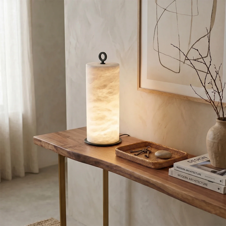 Natural Alabaster Cylinder Table Lamp - view 9 | Woorglamp