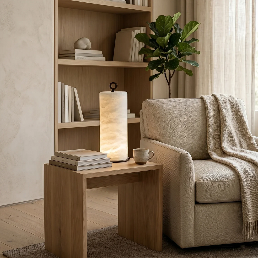 Natural Alabaster Cylinder Table Lamp - view 10 | Woorglamp