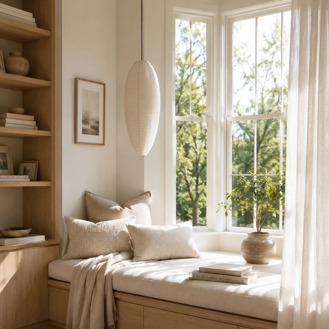 Oval paper pendant casting soft light in a serene neutral bedroom