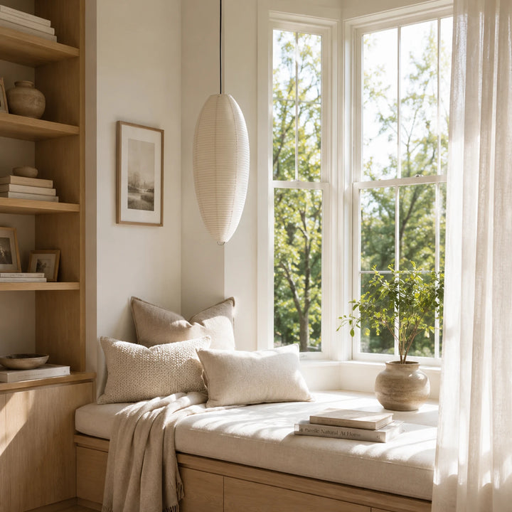 Oval paper pendant casting soft light in a serene neutral bedroom