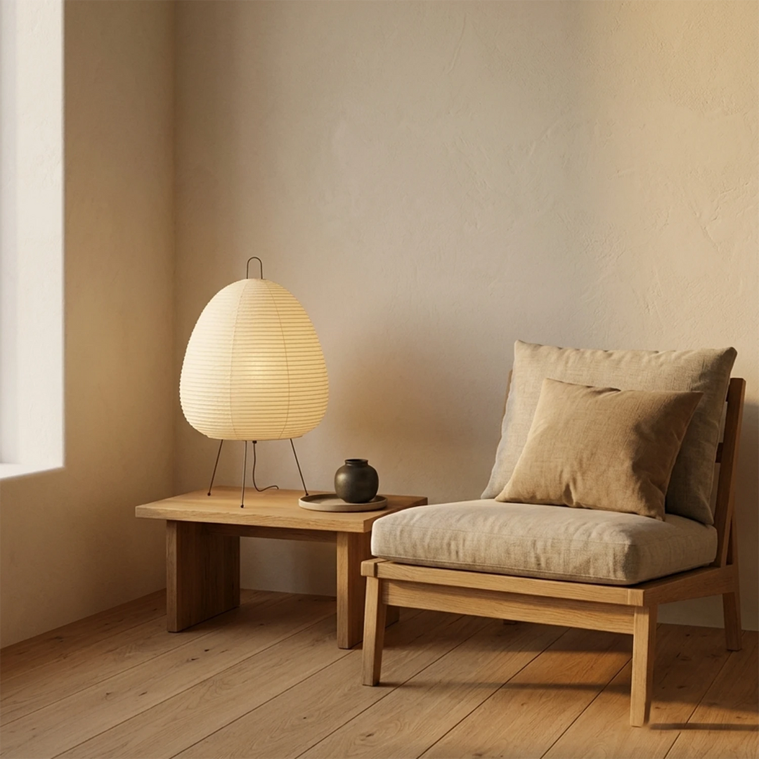 Paper table lamp on a wooden bench in a serene Scandinavian-style bedroom