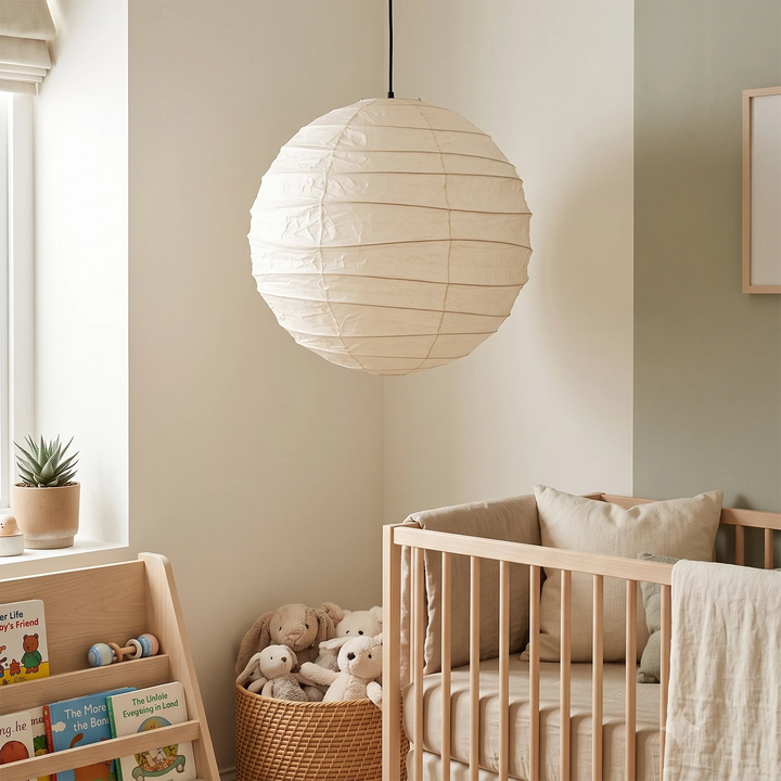 Paper pendant hanging in a soft neutral nursery beside a wooden crib