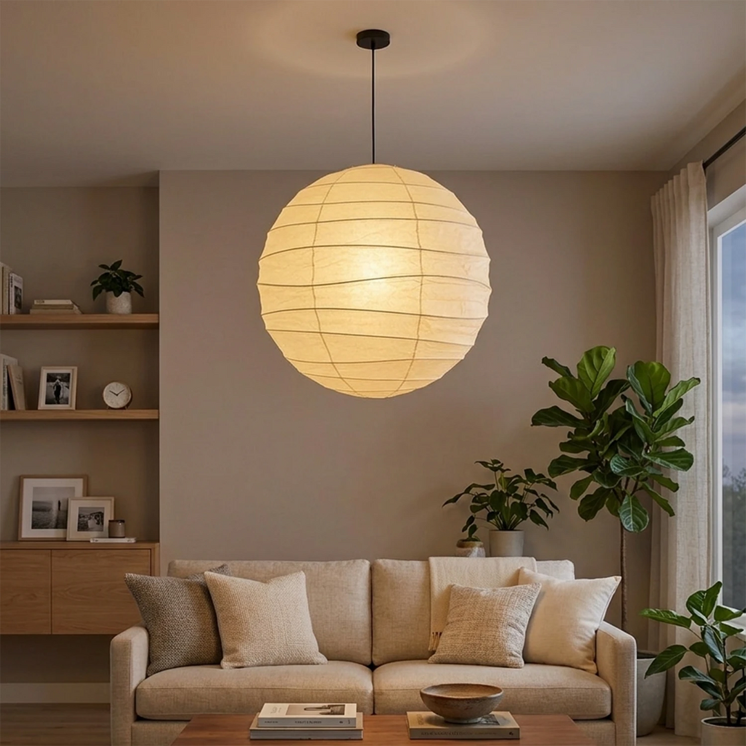 Paper pendant lighting a living room with open shelving and potted plants