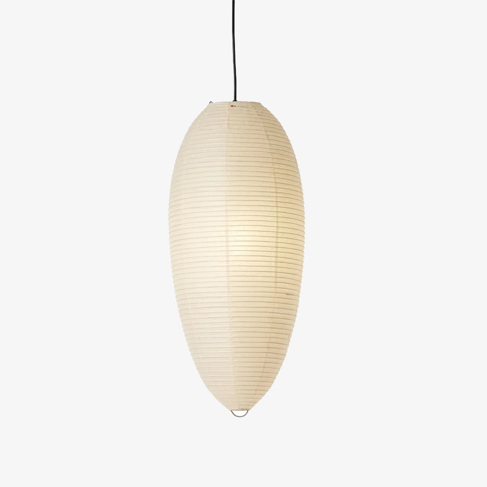 Oval paper lantern pendant shown lit against a pale grey studio backdrop