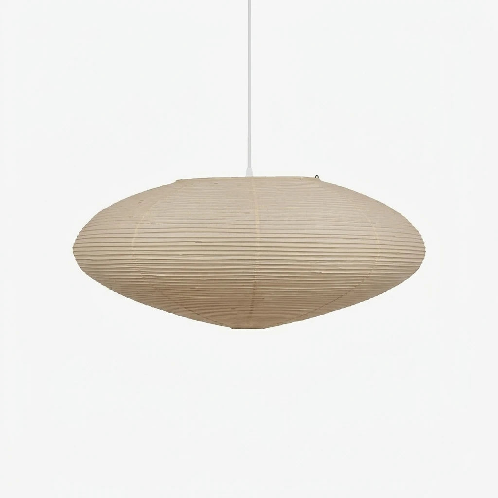 Wide oval mulberry paper pendant light with ribbed texture on a soft grey background