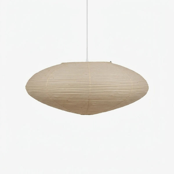 Wide oval mulberry paper pendant light with ribbed texture on a soft grey background