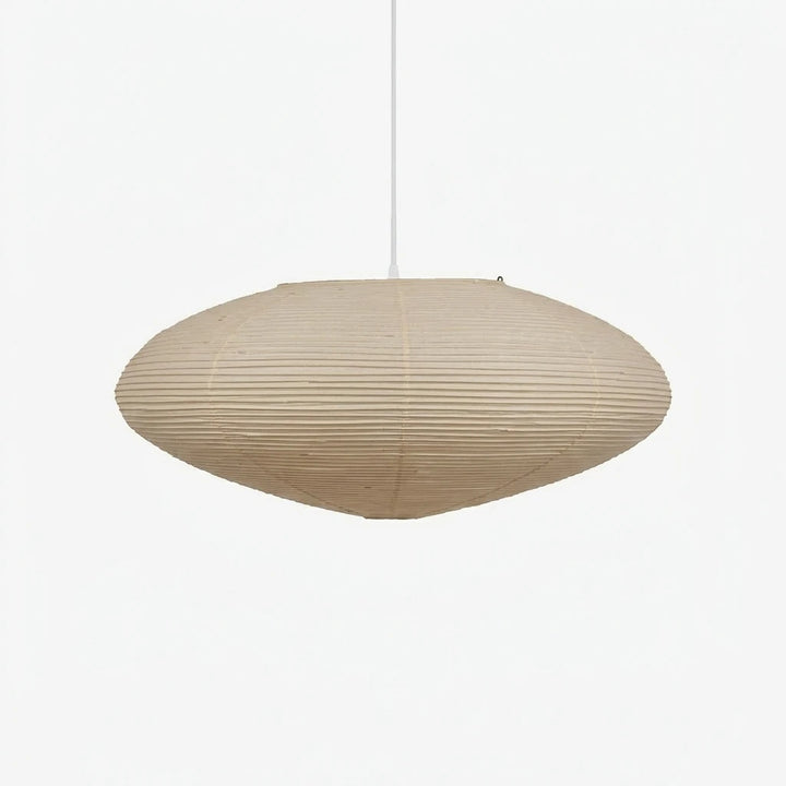 Wide oval mulberry paper pendant light with ribbed texture on a soft grey background
