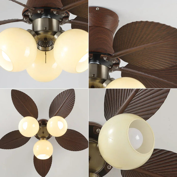 Palm Leaves Round Glass Ceiling Fan Light