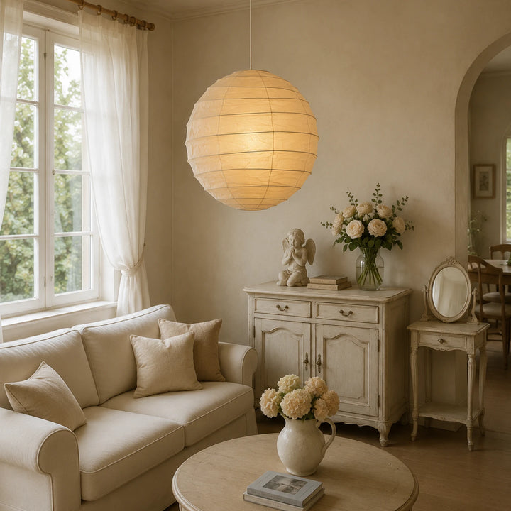 Paper lantern ceiling light beside tall windows in a sunlit living room