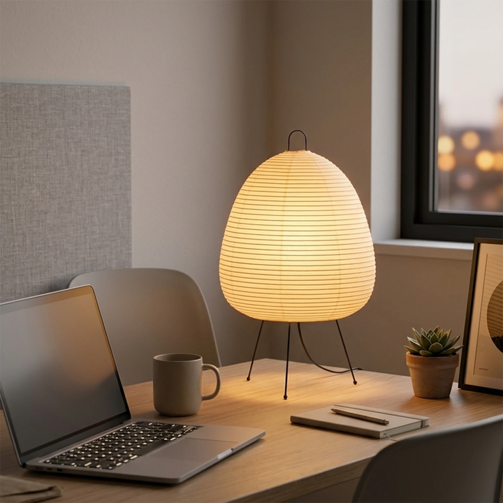 Paper lantern table lamp lighting a wooden desk with a laptop and coffee mug