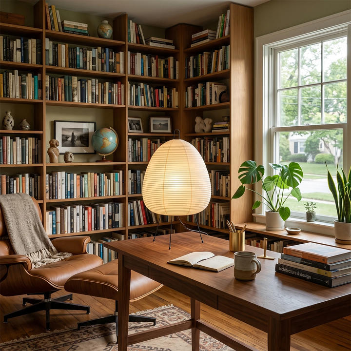 Paper lantern table lamp on a desk in a home library surrounded by bookshelves