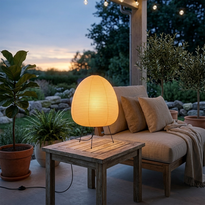Paper table lamp glowing on an outdoor patio table at evening blue hour