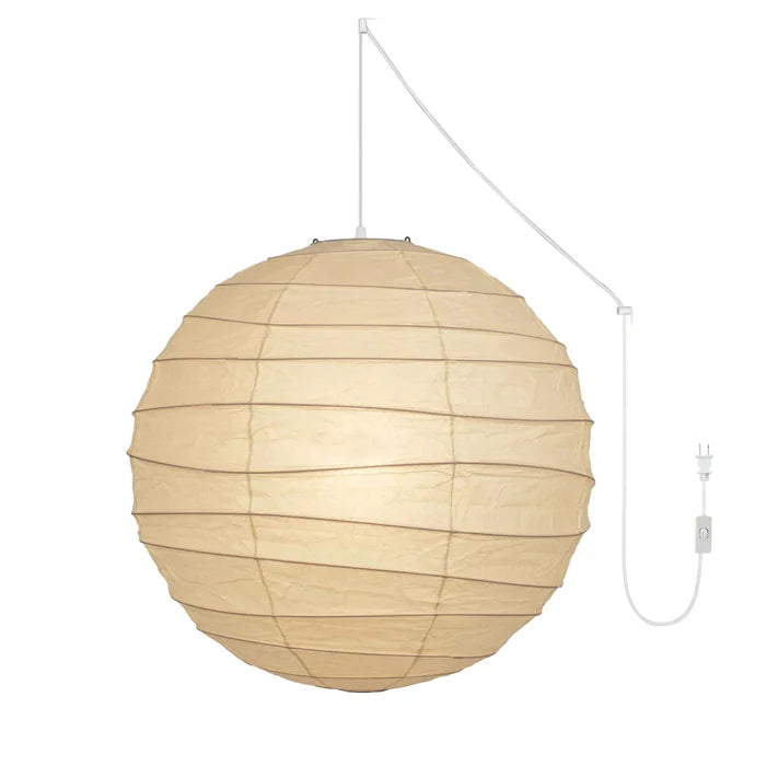 Paper globe pendant with a white plug-in cord, inline switch and plug