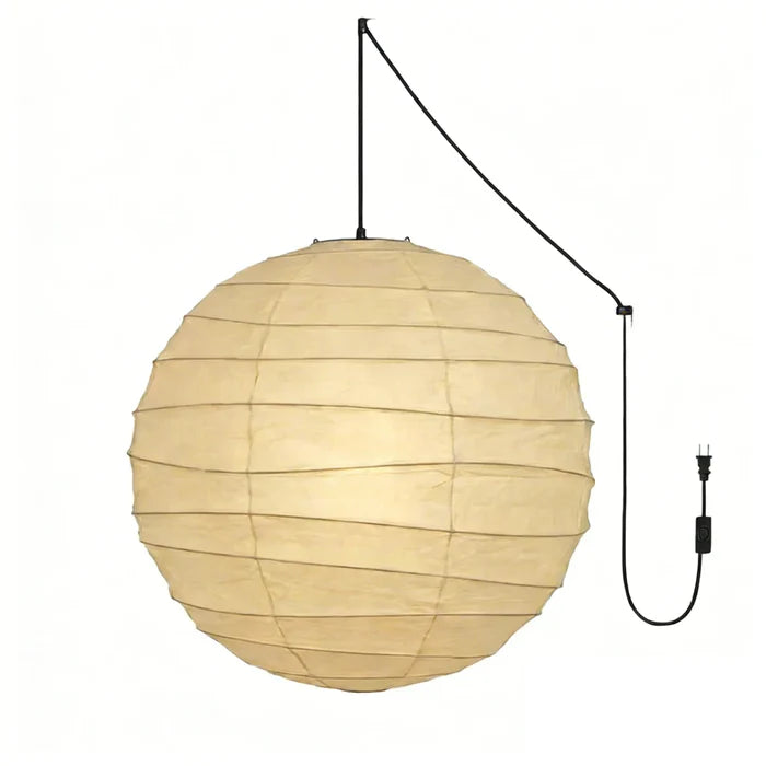 Paper globe pendant with a draped plug-in cord requiring no hardwiring