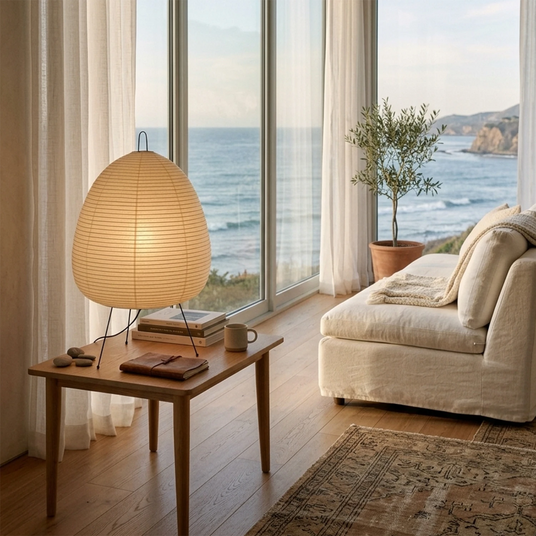 Rice paper table lamp on a console table with an ocean view through the window