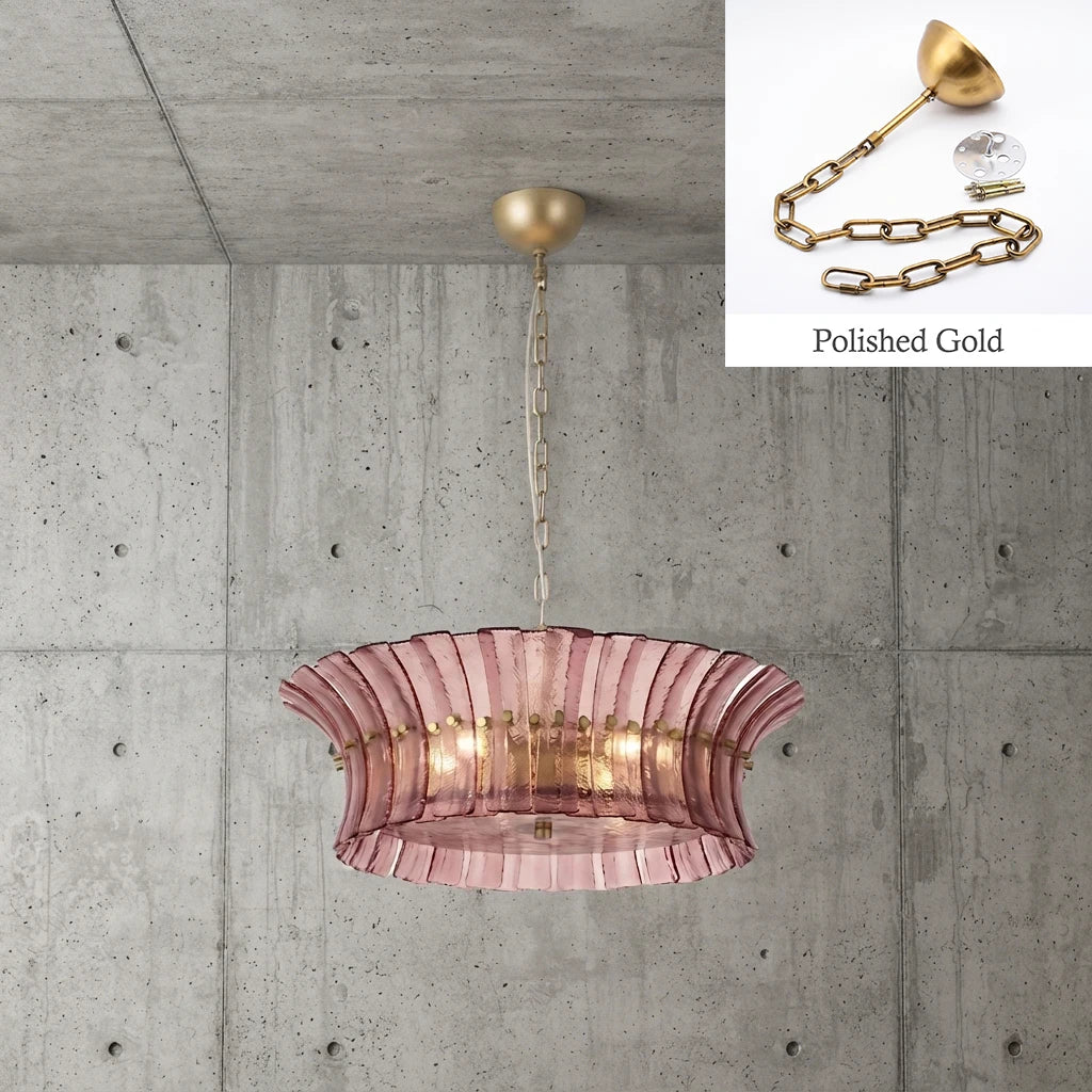 Rose glass drum chandelier with polished gold chain and canopy