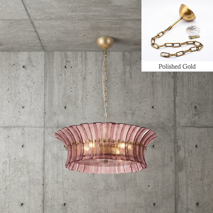 Rose glass drum chandelier with polished gold chain and canopy