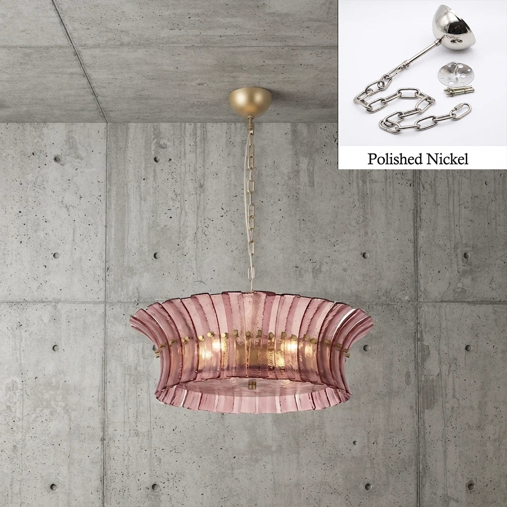 Rose glass drum chandelier with polished nickel chain and canopy
