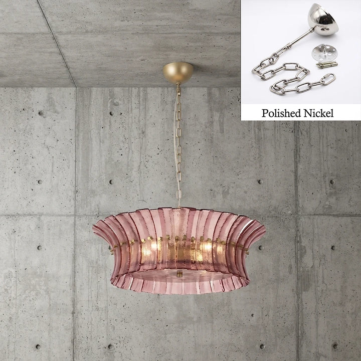Rose glass drum chandelier with polished nickel chain and canopy