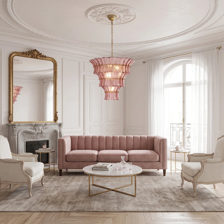 Rose fluted glass chandelier in a Parisian living room with a gilded mirror