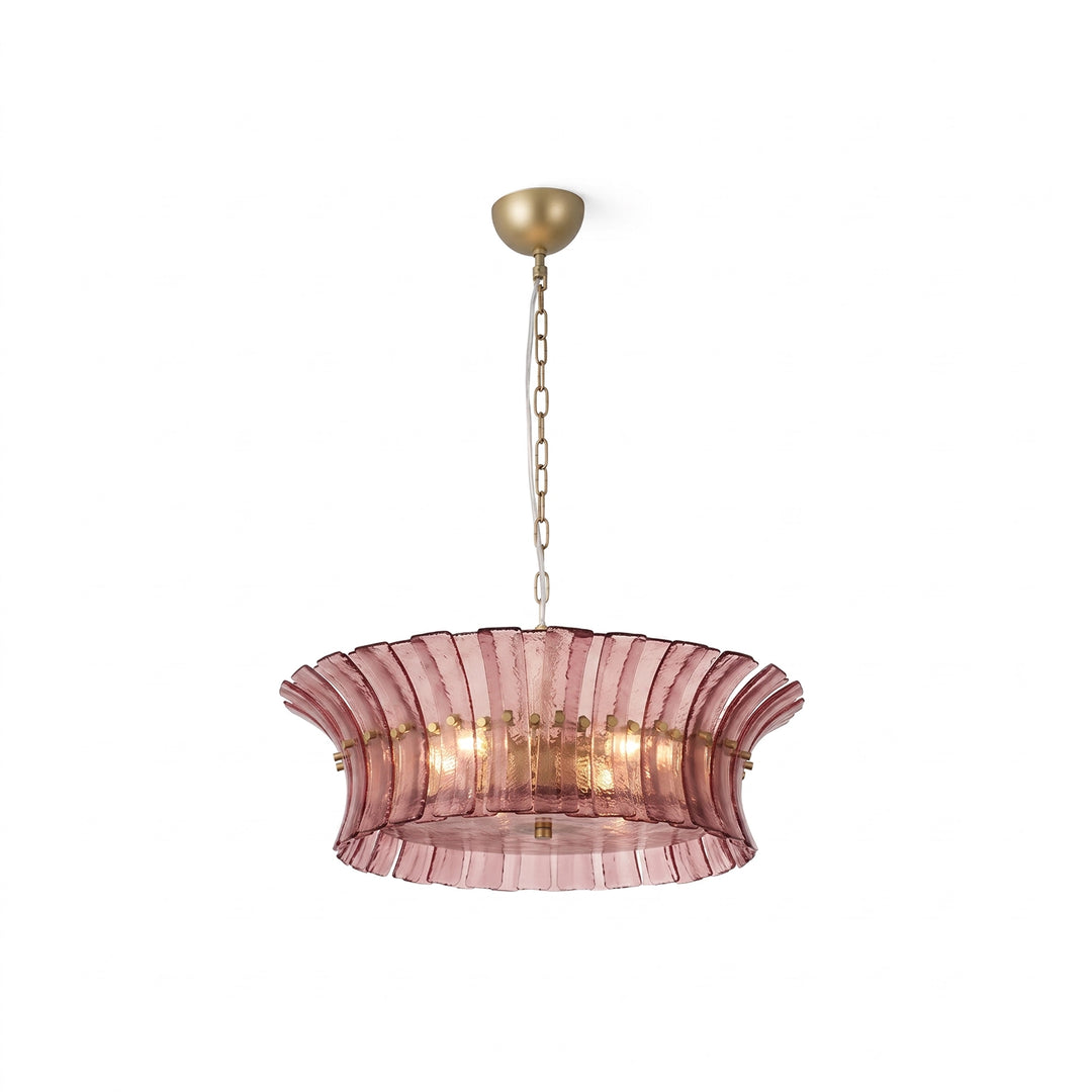 Wide rose glass drum chandelier shown on a plain white background