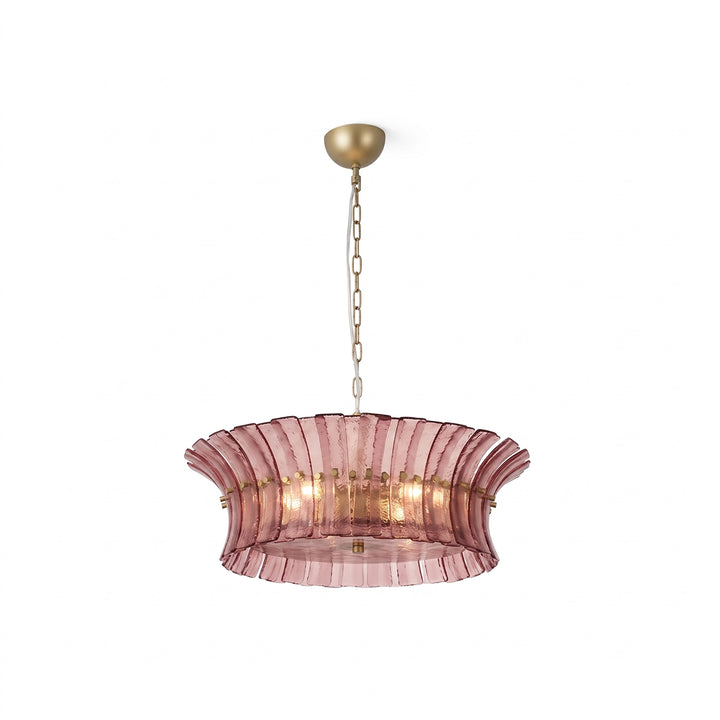 Wide rose glass drum chandelier shown on a plain white background