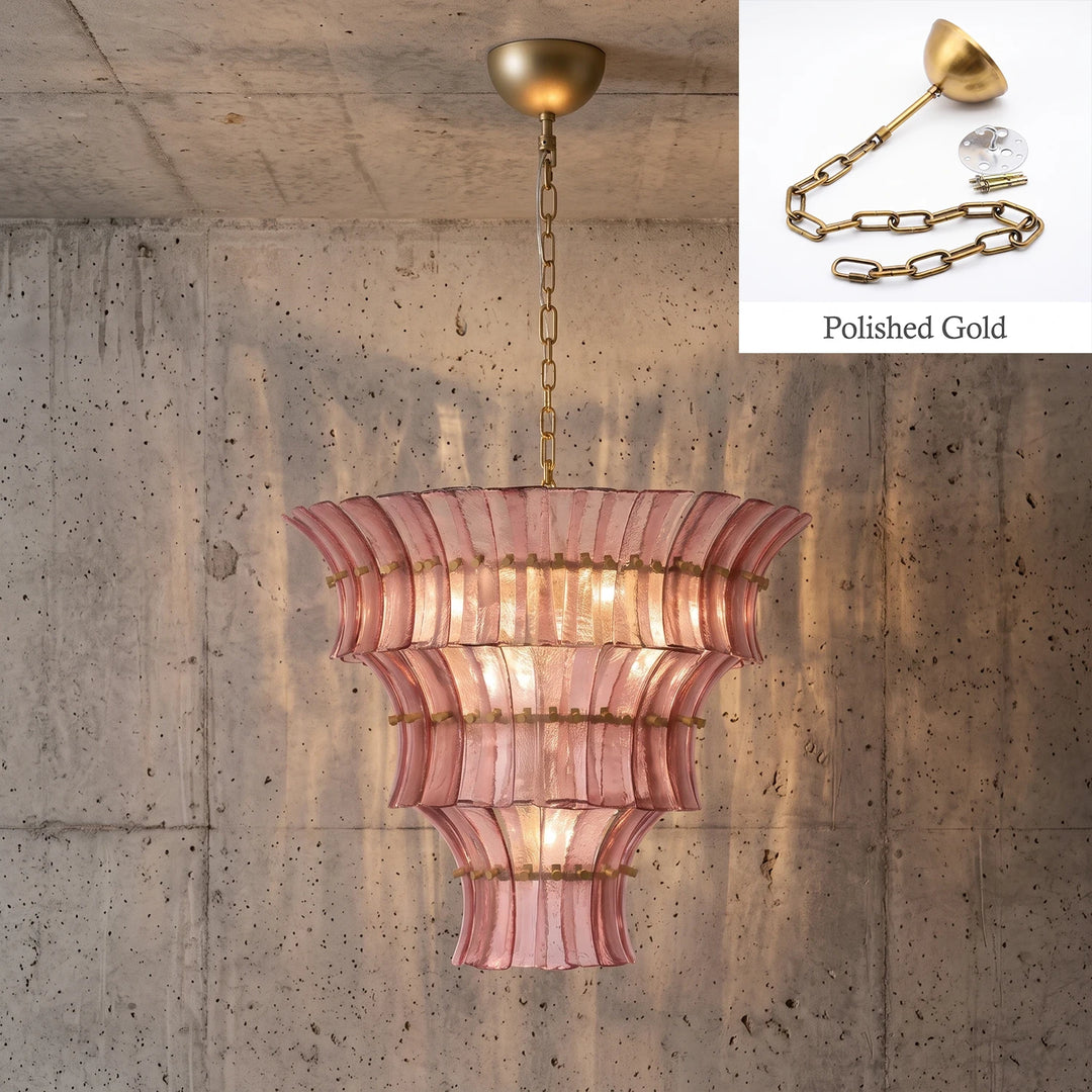 Rose tiered glass chandelier with polished gold chain and canopy