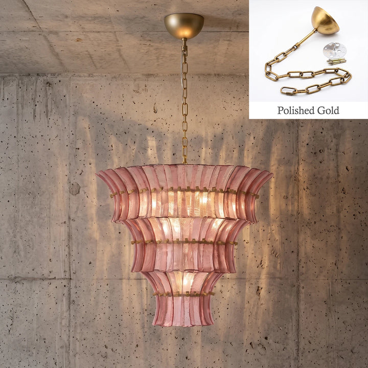 Rose tiered glass chandelier with polished gold chain and canopy