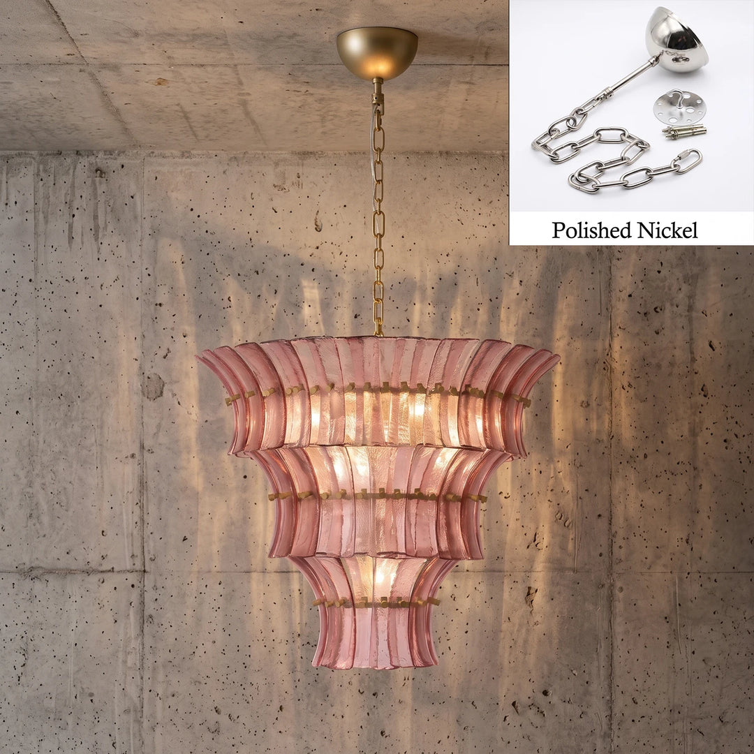Rose tiered glass chandelier with polished nickel chain and canopy