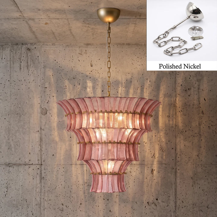 Rose tiered glass chandelier with polished nickel chain and canopy