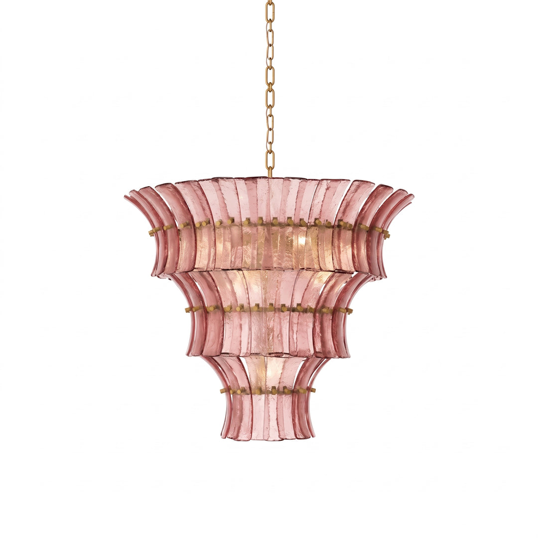 Rose tiered glass chandelier with a long brass chain on a white background