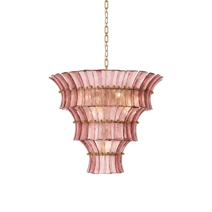 Rose tiered glass chandelier with a long brass chain on a white background