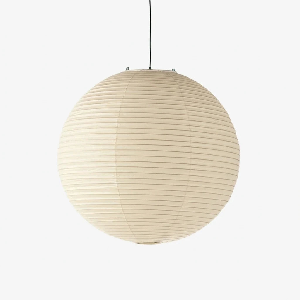Round mulberry paper globe pendant light with ribbed texture on a soft grey background