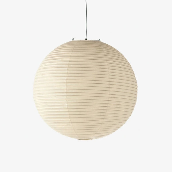 Round mulberry paper globe pendant light with ribbed texture on a soft grey background