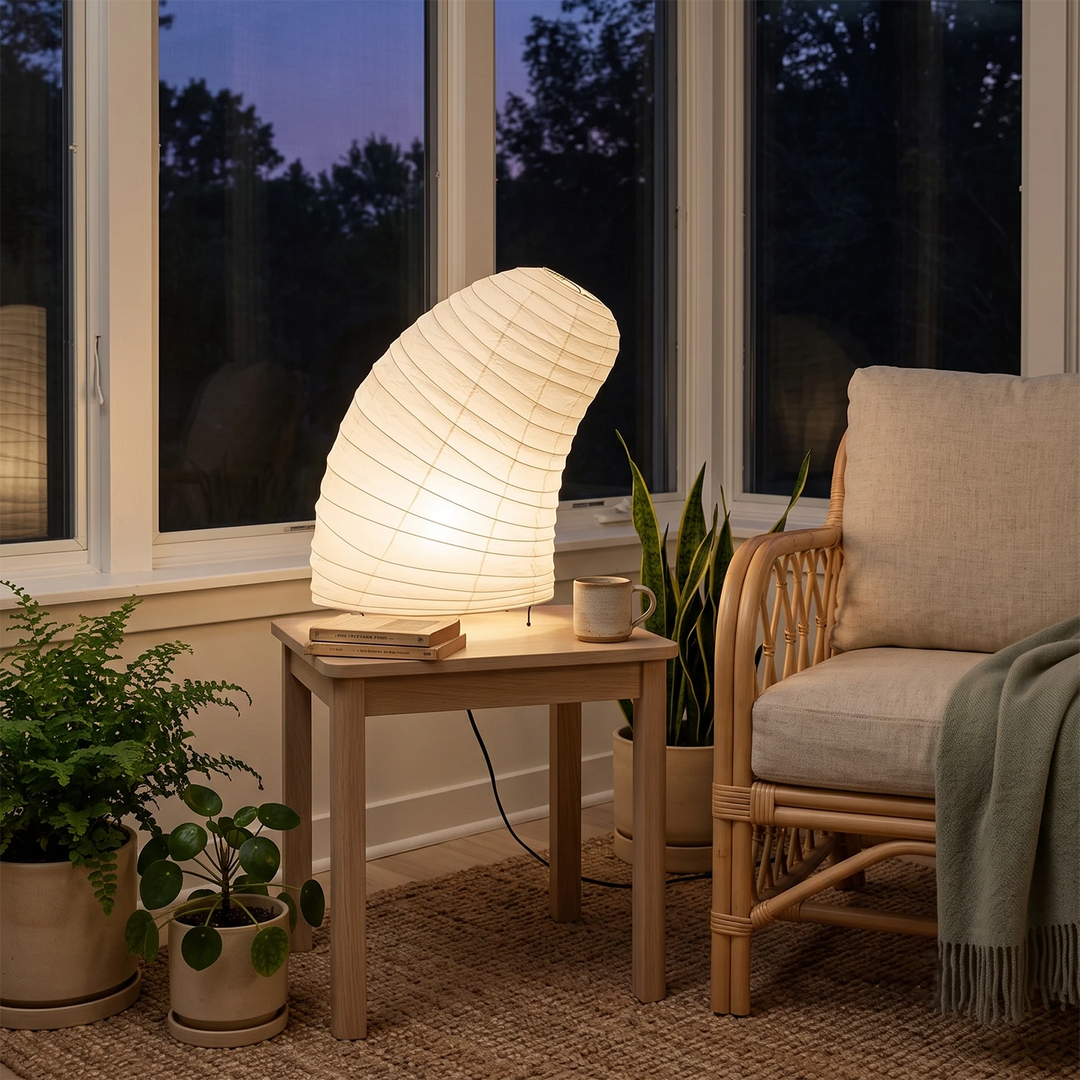 Sculptural paper lamp glowing on a round table with a draped throw
