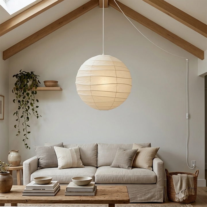 Sculptural paper pendant hanging from a sloped A-frame ceiling above a sofa