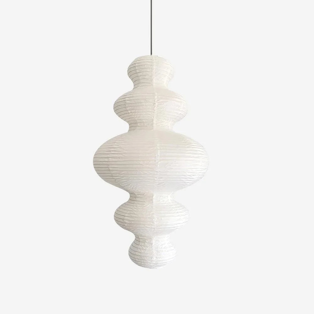 Sculptural tiered mulberry paper pendant with a stacked bulbous form on a soft grey background