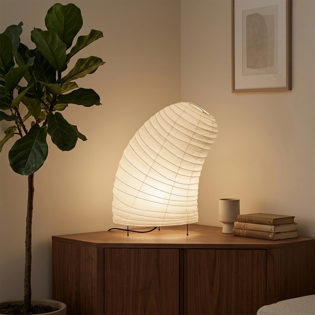 Shell-shaped paper table lamp shown in side profile against a grey wall