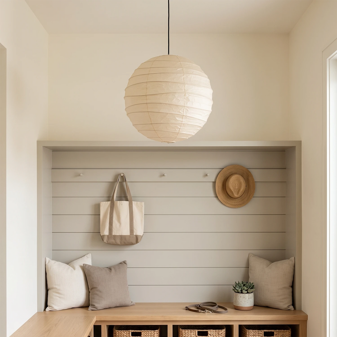 Paper pendant above a built-in window seat against a white shiplap wall