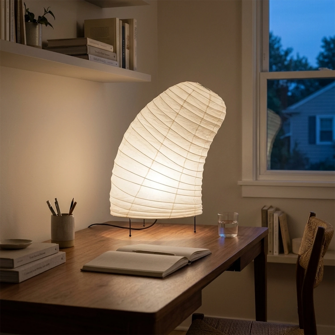 Shell-shaped paper lamp on a side table beside a small potted plant