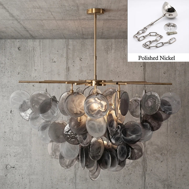 Cluster of smoke glass discs on a linear chandelier frame in a polished nickel finish