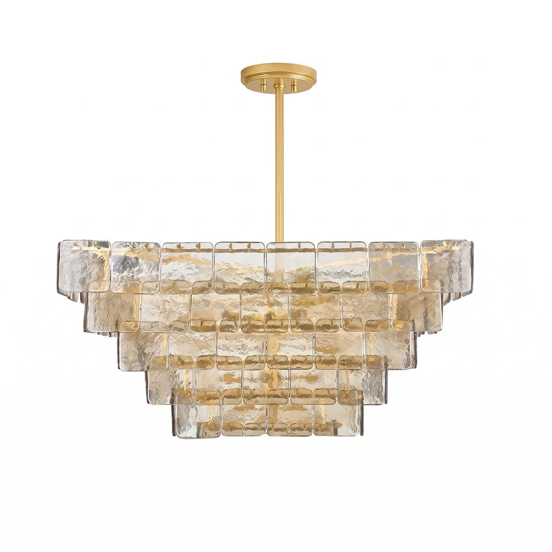 Full product view of the smoked glass chandelier lit against a plain background